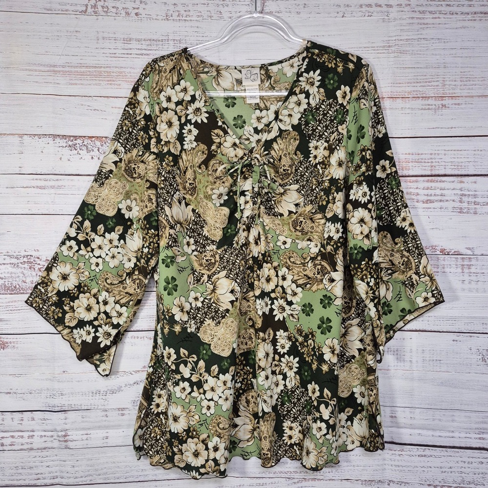 Studio Y Green Floral Paisley Tie Front Bell Sleeve Blouse Plus Size 18/20
